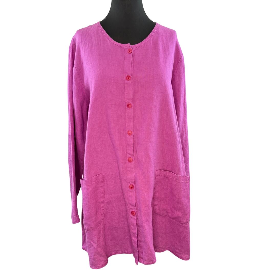 FLAX Lagenlook Pink Purple Tunic Dress Linen Pockets Front Button Size Medium M